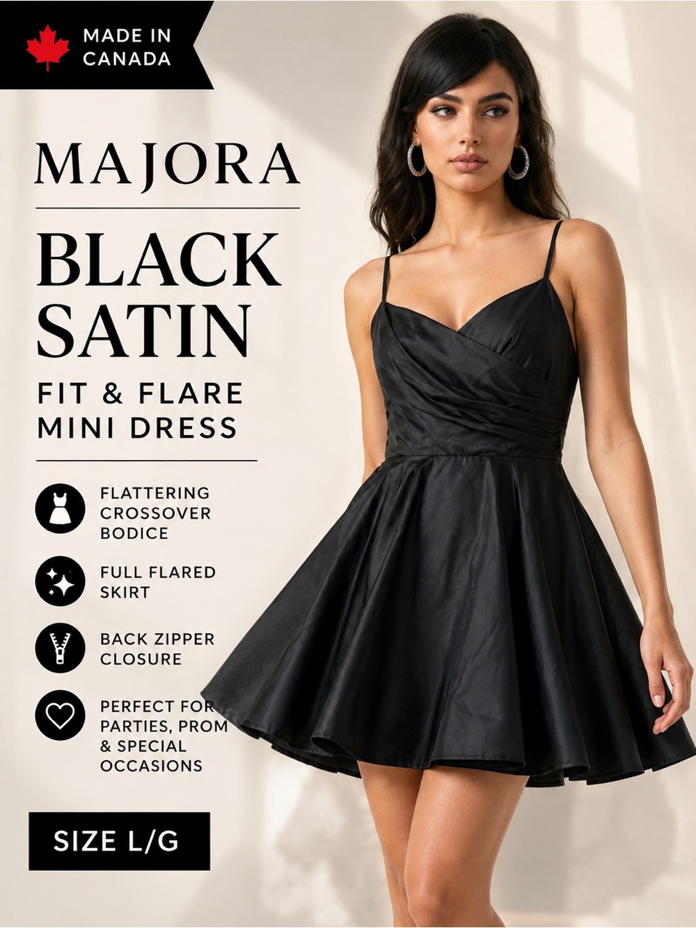Majora Black Satin Mini Dress L Fit Flare Cocktail Party Prom Made Canada